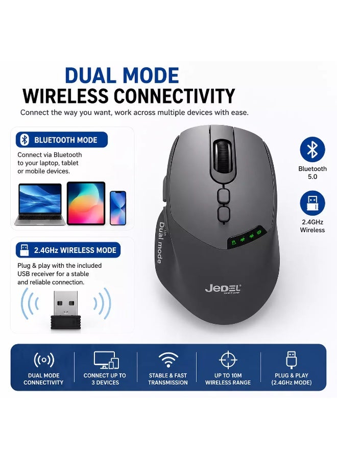 جي ديل ماوس لاسلكي WD155 - ماوس قابل لإعادة الشحن بتقنية البلوتوث و2.4 جيجاهرتز، بدقة 2000 نقطة في البوصة، و7 أزرار (رمادي) - Image 2
