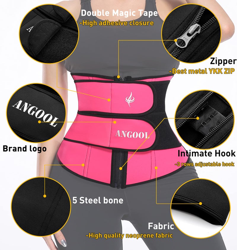 ANGOOL Neopren Waist Trainer For Women,Workout Plus Size Trimmer Belt Sauna Sweat Corset Cincher With Zipper L Pink - Image 2