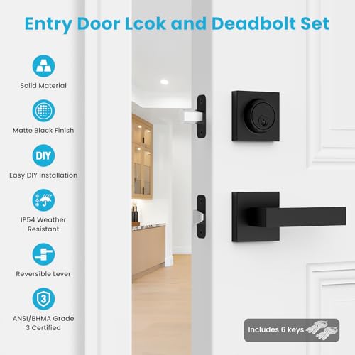 Estmoon Exterior Door Lock Sets, Matte Black Passage Door Handle and Single Cylinder Deadbolt Lock Combo, Modern Square Door Knob with Deadbolt, Keyed Alike Door Lock Sets for Front Door, 2 Pack - Image 2
