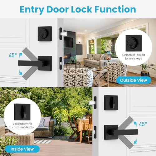 Estmoon Exterior Door Lock Sets, Matte Black Passage Door Handle and Single Cylinder Deadbolt Lock Combo, Modern Square Door Knob with Deadbolt, Keyed Alike Door Lock Sets for Front Door, 2 Pack - Image 3