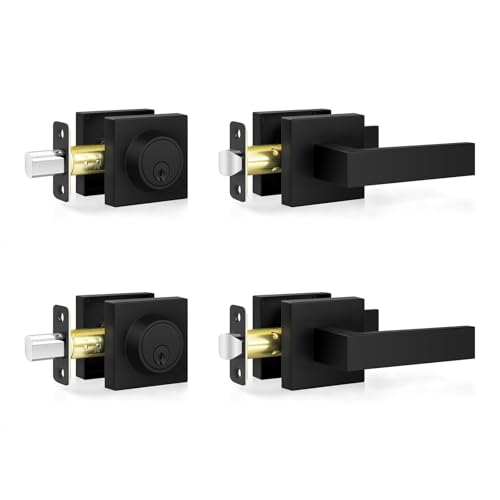 Estmoon Exterior Door Lock Sets, Matte Black Passage Door Handle and Single Cylinder Deadbolt Lock Combo, Modern Square Door Knob with Deadbolt, Keyed Alike Door Lock Sets for Front Door, 2 Pack - Image 1