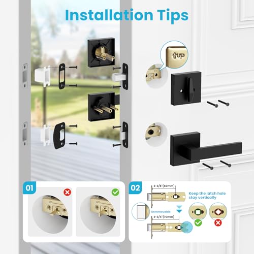 Estmoon Exterior Door Lock Sets, Matte Black Passage Door Handle and Single Cylinder Deadbolt Lock Combo, Modern Square Door Knob with Deadbolt, Keyed Alike Door Lock Sets for Front Door, 2 Pack - Image 5