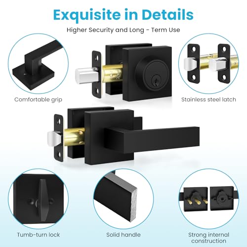 Estmoon Exterior Door Lock Sets, Matte Black Passage Door Handle and Single Cylinder Deadbolt Lock Combo, Modern Square Door Knob with Deadbolt, Keyed Alike Door Lock Sets for Front Door, 2 Pack - Image 4