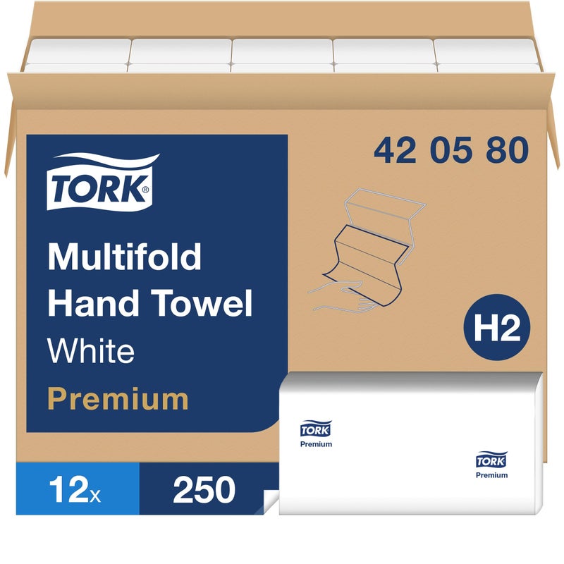 Tork مناديل يد مطوية متعددة من تورك بيضاء، جودة ممتازة، 250 منشفة في العبوة، 12 عبوة، تناسب موزعات المناشف H2 - Image 1
