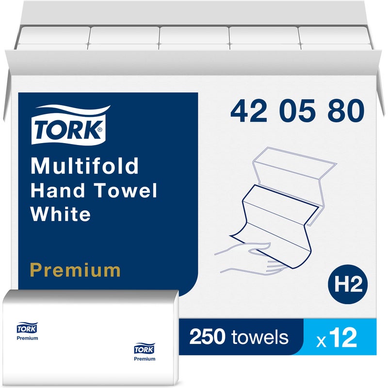 Tork مناديل يد مطوية متعددة من تورك بيضاء، جودة ممتازة، 250 منشفة في العبوة، 12 عبوة، تناسب موزعات المناشف H2 - Image 2