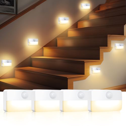 AMIR 4 Pack Mini Motion Sensor Stair Light for Indoor, Battery-Powered LED Night Light, 40 Lumen 3000K, Cordless Closet Lights, Safe Lights for Stairs, Hallway, Bathroom, Kitchen, Cabinet - Image 1