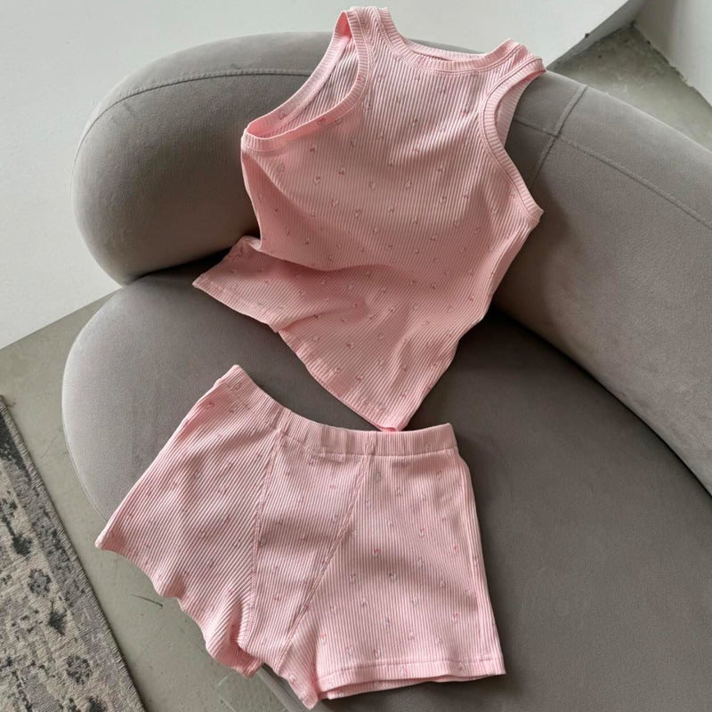 2024 Cross-border Summer European and American Womens Casual Printed Lotus Leaf Short-sleeved Crewneck Vest Shorts Home Clothes suit Pink vest 