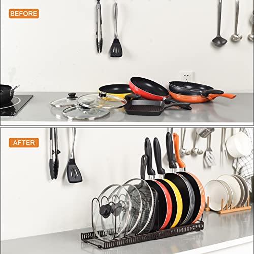 Toplife Pots and Pans Organizer Rack for Cabinet and Countertop, 10+ Pot Lids, Bakeware and Cookware Organizer Rack Holder with 10 Adjustable Compartments - Brown - Image 3