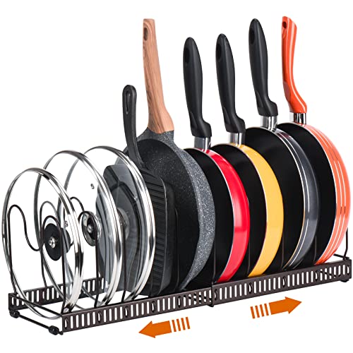 Toplife Pots and Pans Organizer Rack for Cabinet and Countertop, 10+ Pot Lids, Bakeware and Cookware Organizer Rack Holder with 10 Adjustable Compartments - Brown - Image 1
