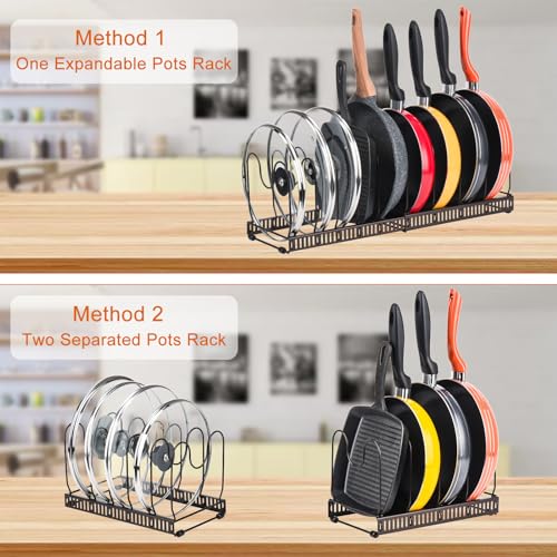 Toplife Pots and Pans Organizer Rack for Cabinet and Countertop, 10+ Pot Lids, Bakeware and Cookware Organizer Rack Holder with 10 Adjustable Compartments - Brown - Image 4