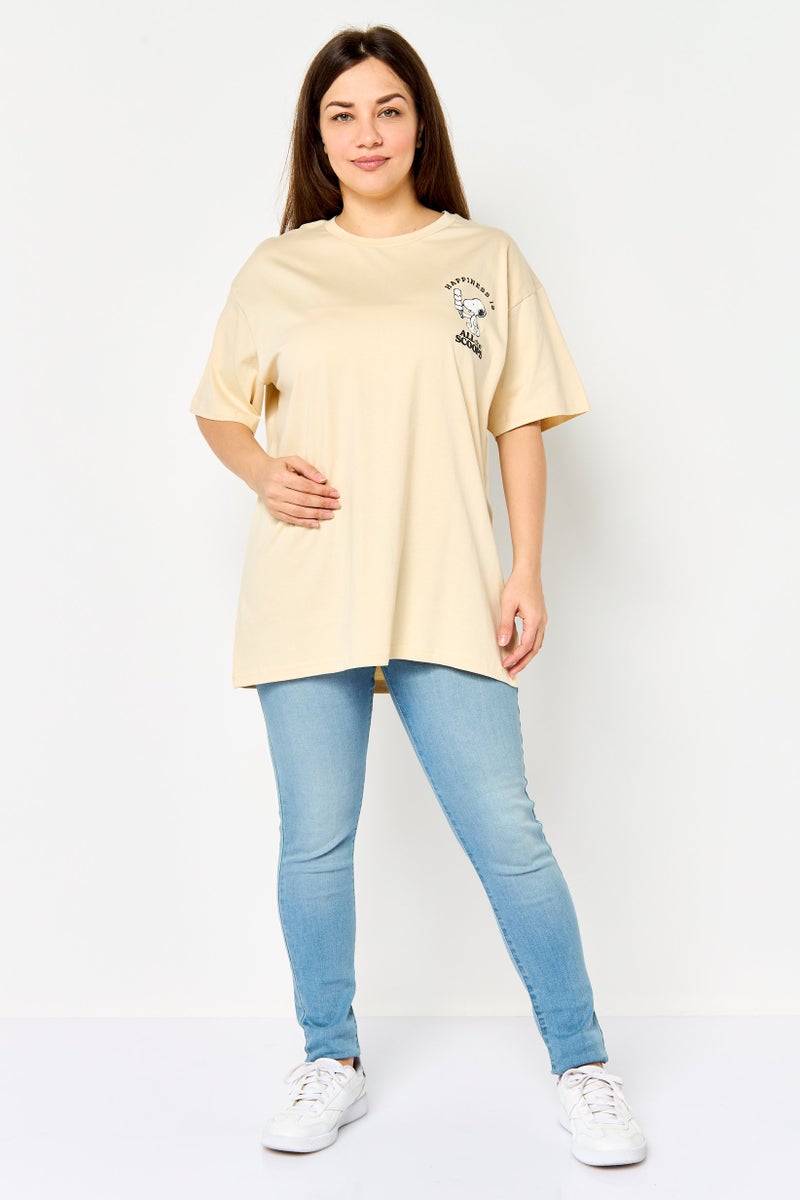 Peanuts Women Crew Neck Short Sleeve Graphic Print T-Shirt, Beige - Image 3
