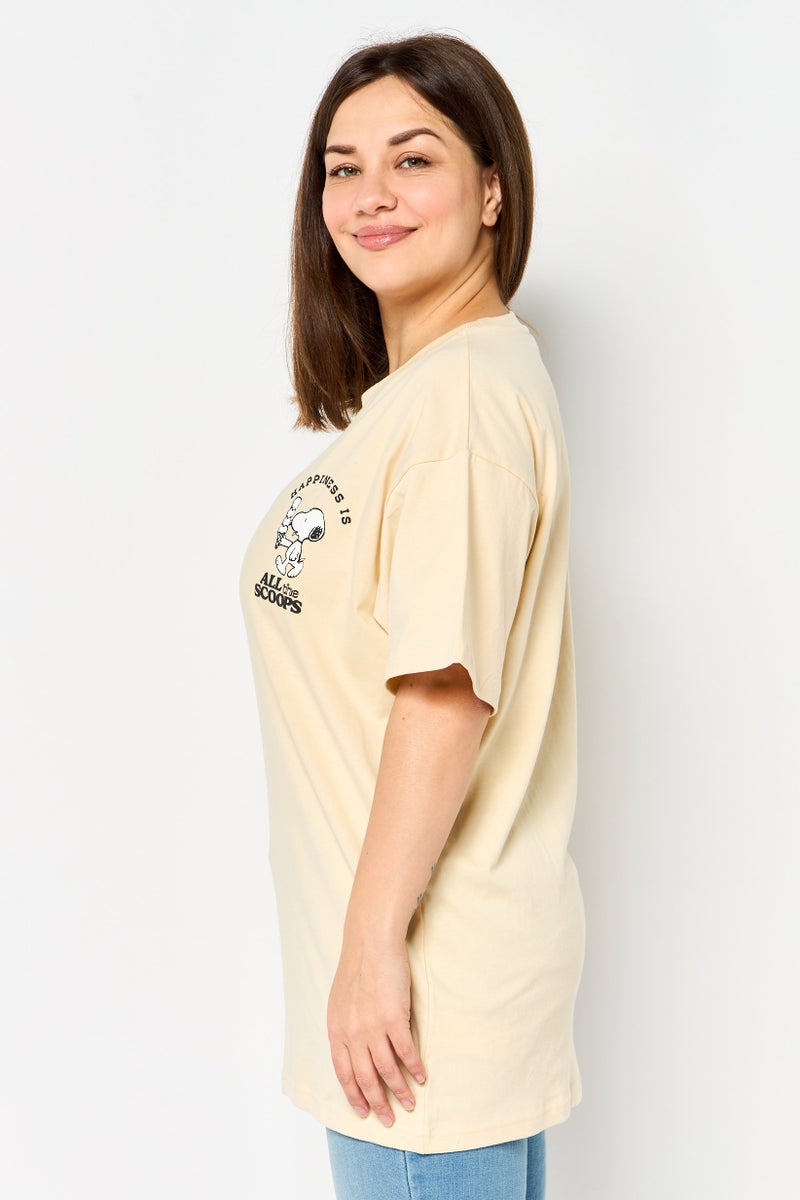 Peanuts Women Crew Neck Short Sleeve Graphic Print T-Shirt, Beige - Image 2