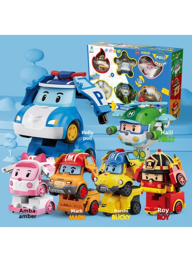 Large Deformation Police Car Perly Toy POLI Deformation Robot Roy Fire Truck Rescue Team Children Toy Car-Color:981-9: Deformed Police Car Perly 6 Pack  Deformed - Image 1