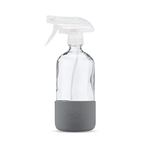 Just Like Joan Clear Glass Spray Bottle with Silicone Sleeve for Cleaning Solutions, Essential Oils, Plants, Vinegar - 16 oz, Refillable, Food Safe (Steel Gray)