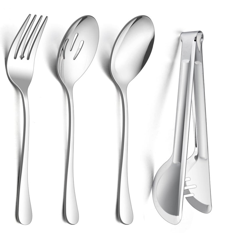 Efar Large Serving Utensils Set of 8 Stainless Steel 98 Inch Serving Spoons Slotted Spoon 99 Inch Serving Fork 94 Inch Serving Tong for Buffet Catering Banquet Mirror Finish  Dishwasher Safe