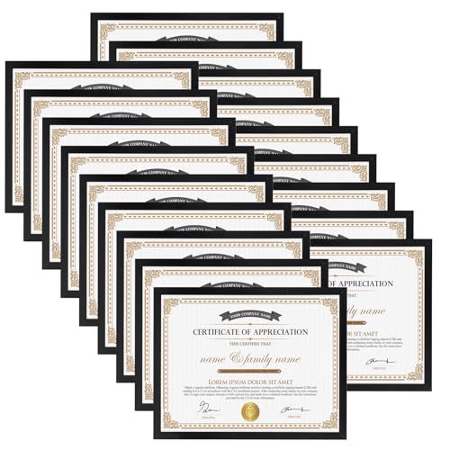 Hoikwo 18 Packs 85x11 Black Multi Plastic Picture Frames Set with Plastic Cover Certificate Frames for Document Diploma Award Light Weight Bulk 85 by 11 Frames Pack for Wall Hanging and Table