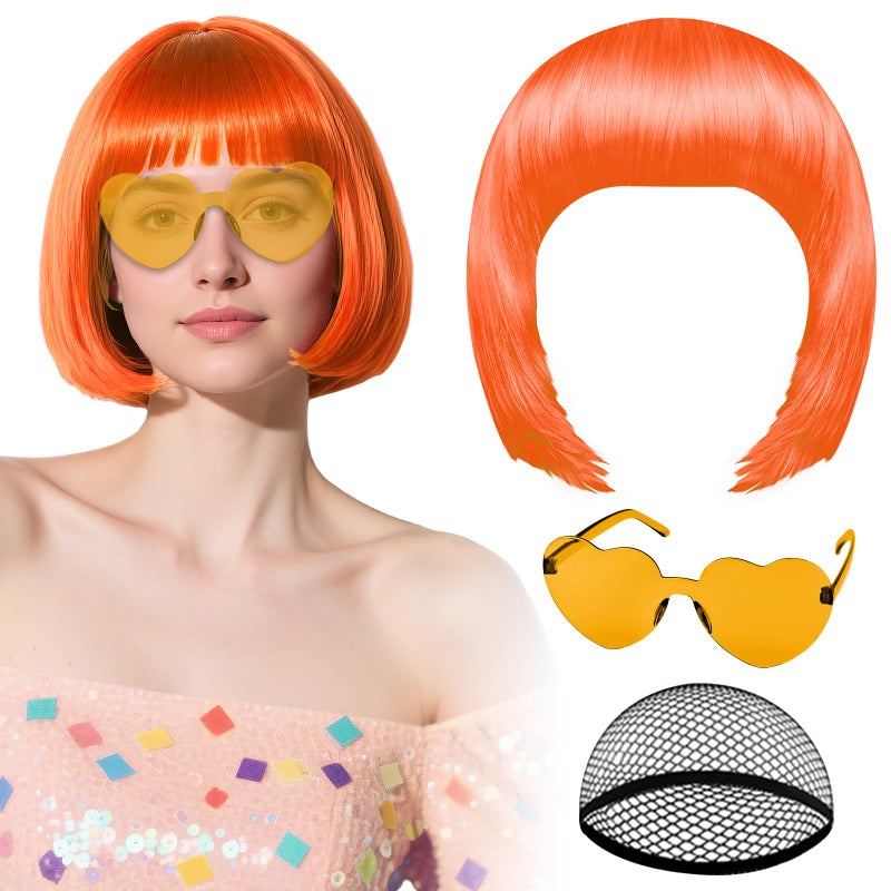 PLULON Hot Pink-Color Bob Wig with Heart Sunglasses Neon Colored Party Wig - Image 1