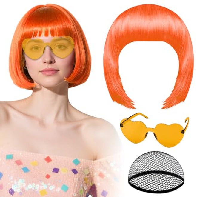 PLULON Hot Pink-Color Bob Wig with Heart Sunglasses Neon Colored Party Wig - Image 2