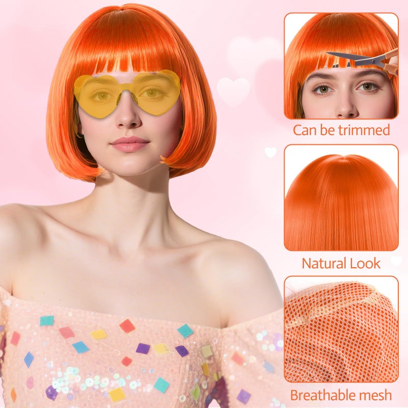 PLULON Hot Pink-Color Bob Wig with Heart Sunglasses Neon Colored Party Wig - Image 4