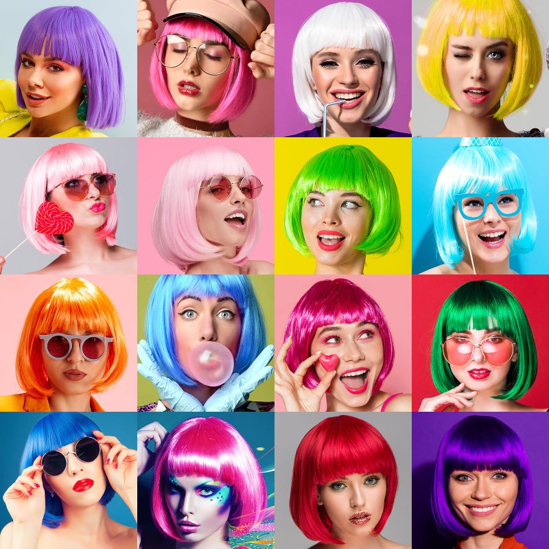 PLULON Hot Pink-Color Bob Wig with Heart Sunglasses Neon Colored Party Wig - Image 3