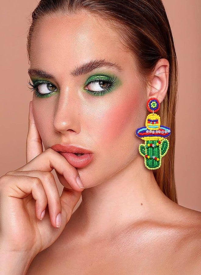 NLCAC Cinco De Mayo Earrings Beaded Sombrero Hat Pepper Taco Fiesta Dangle Earings Mexican Holiday Party Earrings (Sombrero Cactus) - Image 4
