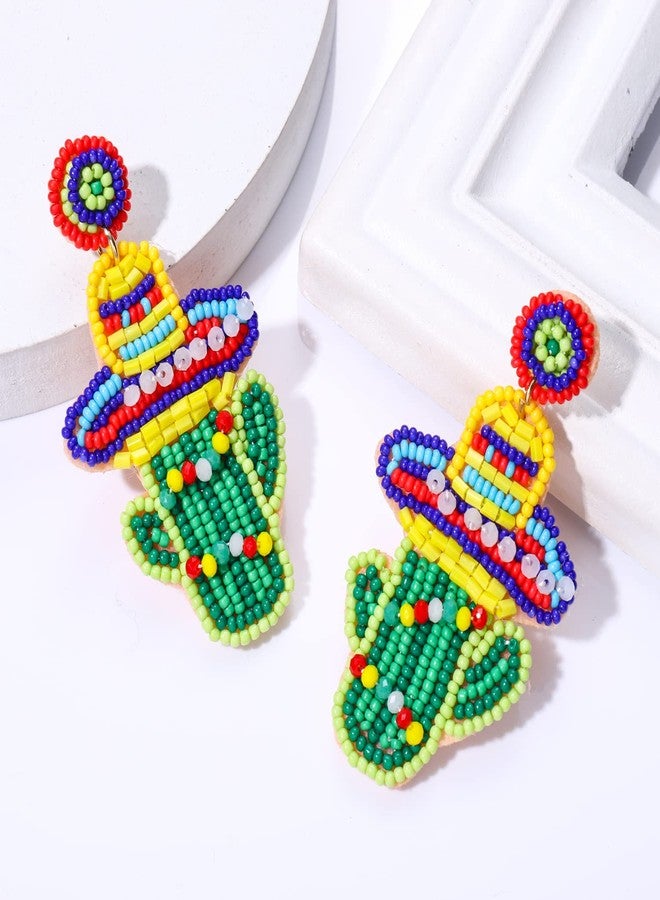 NLCAC Cinco De Mayo Earrings Beaded Sombrero Hat Pepper Taco Fiesta Dangle Earings Mexican Holiday Party Earrings (Sombrero Cactus) - Image 5