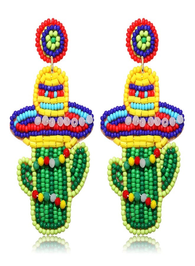 NLCAC Cinco De Mayo Earrings Beaded Sombrero Hat Pepper Taco Fiesta Dangle Earings Mexican Holiday Party Earrings (Sombrero Cactus) - Image 1
