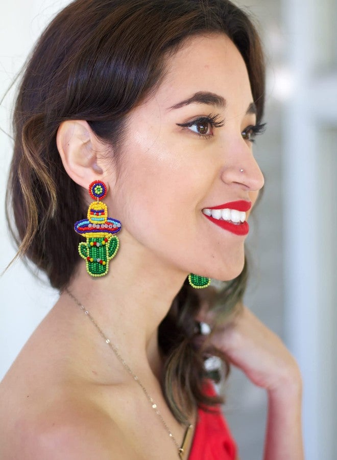 NLCAC Cinco De Mayo Earrings Beaded Sombrero Hat Pepper Taco Fiesta Dangle Earings Mexican Holiday Party Earrings (Sombrero Cactus) - Image 2