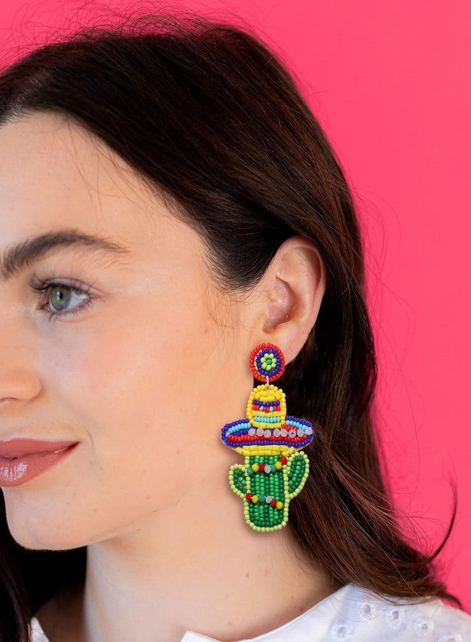NLCAC Cinco De Mayo Earrings Beaded Sombrero Hat Pepper Taco Fiesta Dangle Earings Mexican Holiday Party Earrings (Sombrero Cactus) - Image 3