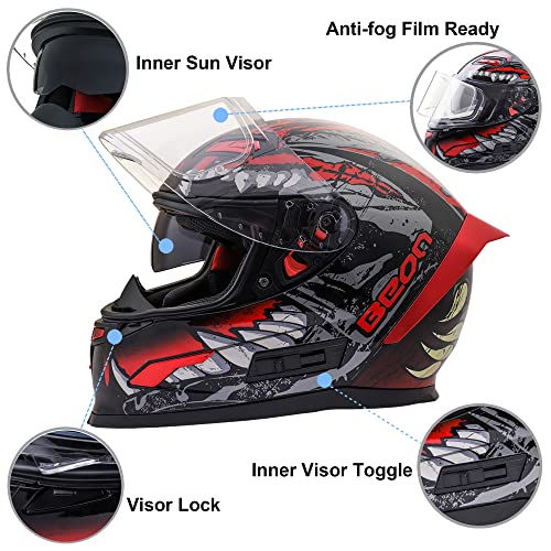 BEON Full Face Motorcycle Helmet, Street Bike Helmet with Clear&Tinted Visors and Multiple Vents, Motocross Casco DOT Approved for Adult Men Women, S-XL (XL, Glossy Red) - Image 5