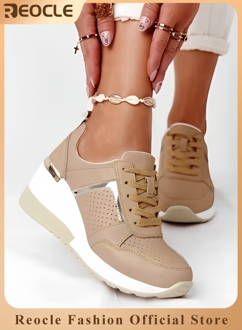 REOCLE Women's Sneakers with High Heel Wedge Dressy Platform Hidden Wedge Tennis Shoes Lightweight Fashion Heeled Sneakers Lace Up - Image 1