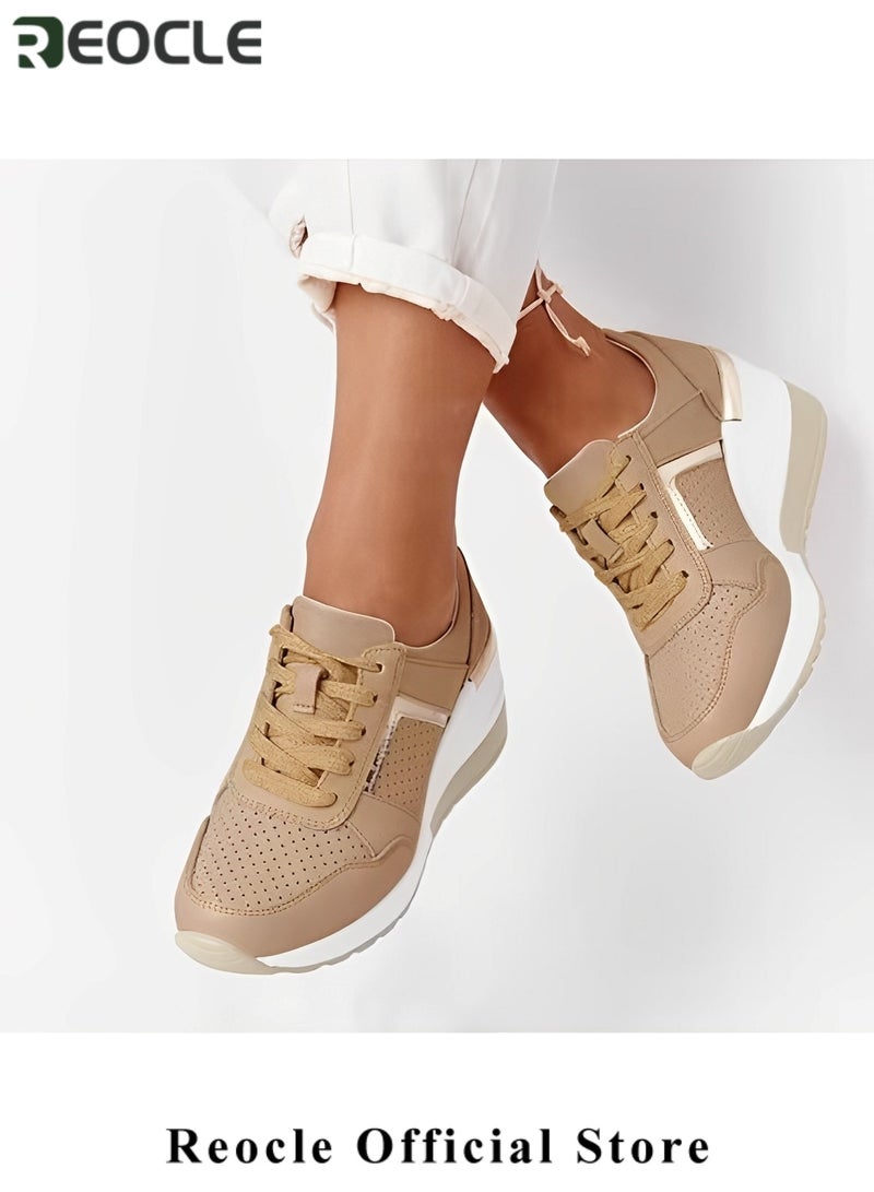 REOCLE Women's Sneakers with High Heel Wedge Dressy Platform Hidden Wedge Tennis Shoes Lightweight Fashion Heeled Sneakers Lace Up - Image 2