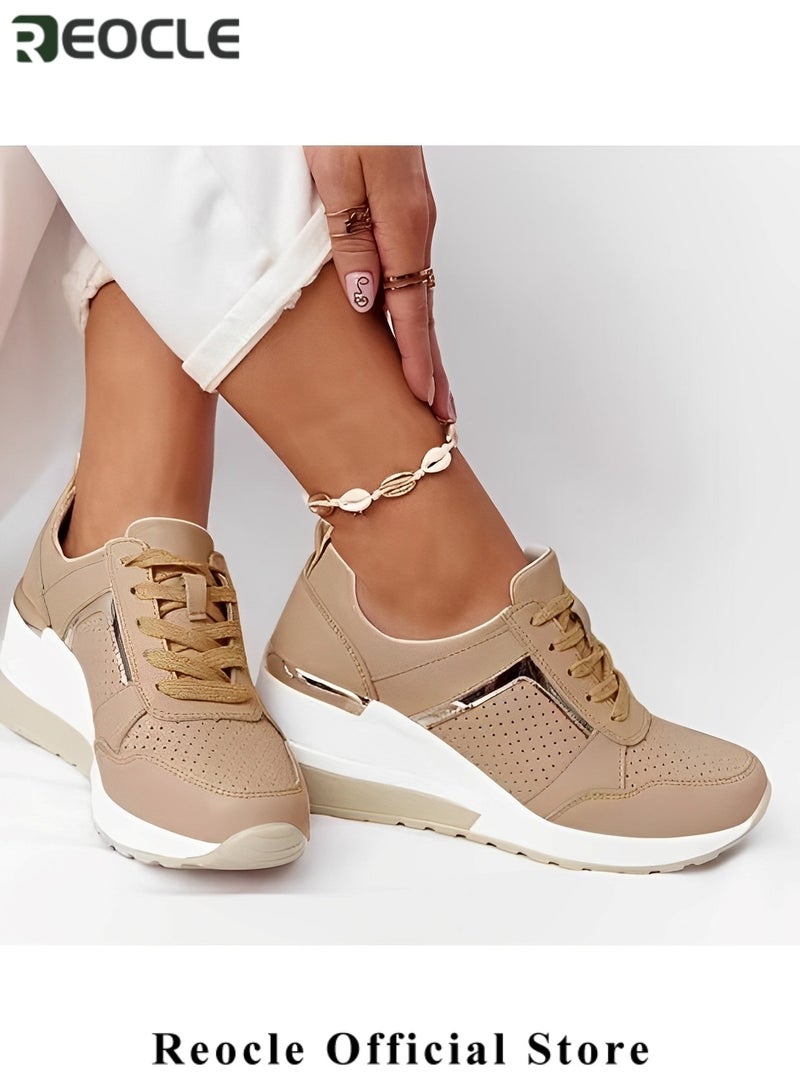 REOCLE Women's Sneakers with High Heel Wedge Dressy Platform Hidden Wedge Tennis Shoes Lightweight Fashion Heeled Sneakers Lace Up - Image 4