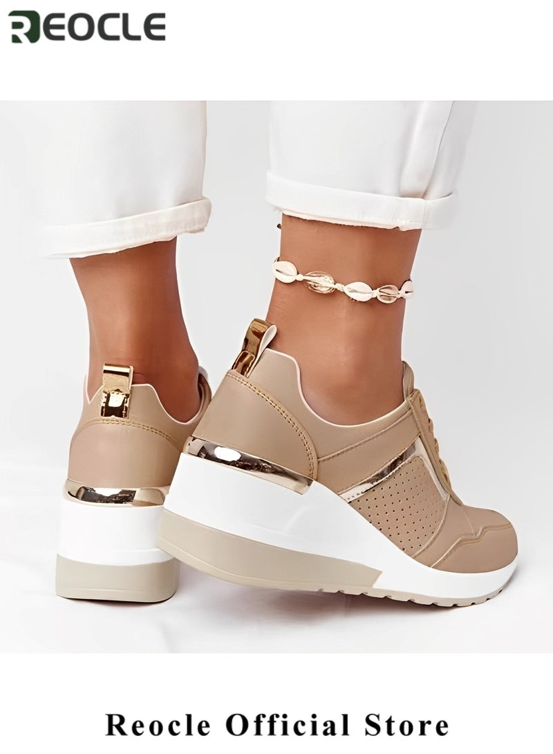 REOCLE Women's Sneakers with High Heel Wedge Dressy Platform Hidden Wedge Tennis Shoes Lightweight Fashion Heeled Sneakers Lace Up - Image 5