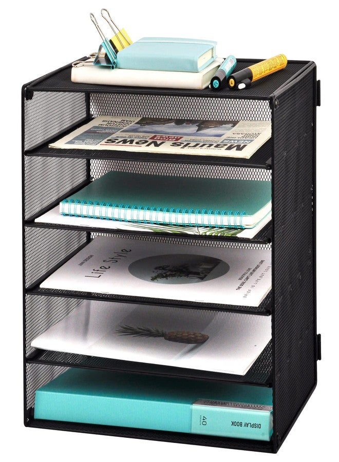 EASEPRES 5 Slot Mesh Desk Organizer Tray, File Paper Letter Folder Holder Desktop Paper Sorter Mail Organization Rack Storage Accessories, for Office Home School Classroom, Black - Image 1