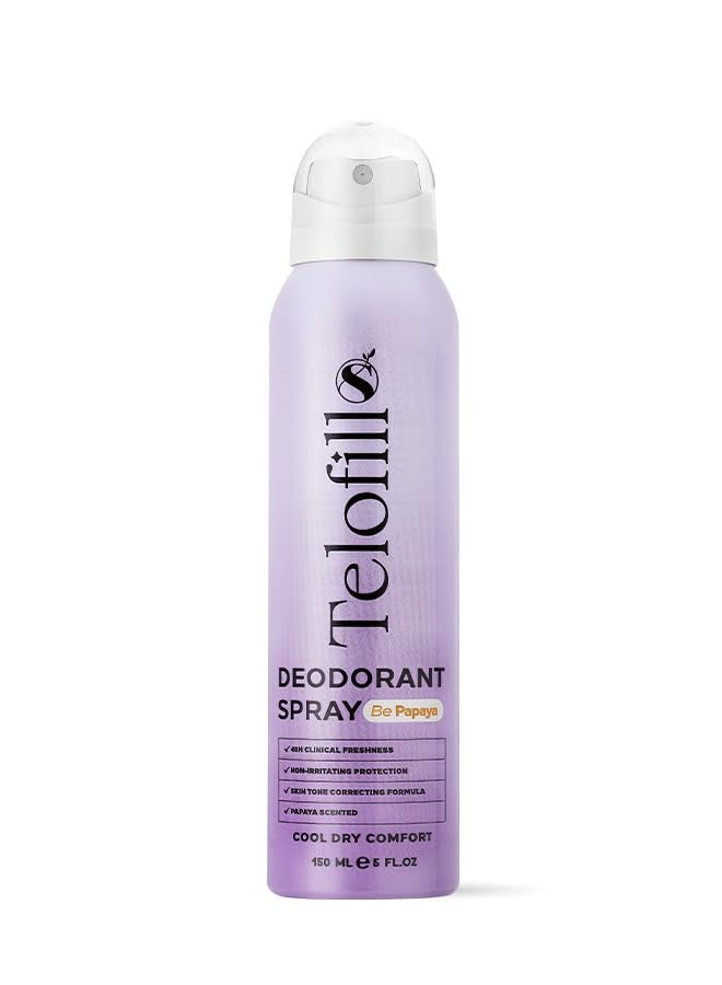 Telofill Deodorant Spray Be Papaya, 150 ML, Cool Dry Comfort, Papaya Scented, Long-Lasting Protection