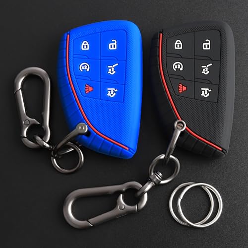 TANDRIVE Key Fob Cover for 2026 2025-2021 Chevy Tahoe Suburban GMC Yukon, 6 Button, Silicone, 2-Pack, Black and Blue - Image 1