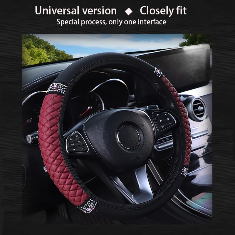 WLERIR Microfiber Leather Steering Wheel Cover with Anti-Slip Lining Universal Car Accessory for Steering Wheel with a Diameter of 14.5-15 inch (Wine red) - Image 3