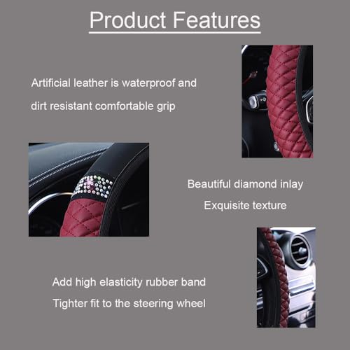 WLERIR Microfiber Leather Steering Wheel Cover with Anti-Slip Lining Universal Car Accessory for Steering Wheel with a Diameter of 14.5-15 inch (Wine red) - Image 4