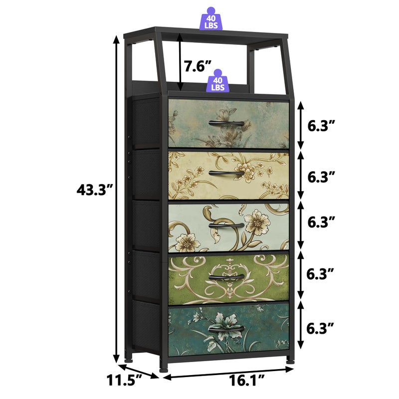 Furnulem Retro 5 Drawers Dresser, Tall Dressers for Bedroom, Closet, Hallway, Nursery, Fabric Storage Tower Organizer, Vertical Nightstand Side Table Furniture, Steel Frame, Wood Top - Image 2