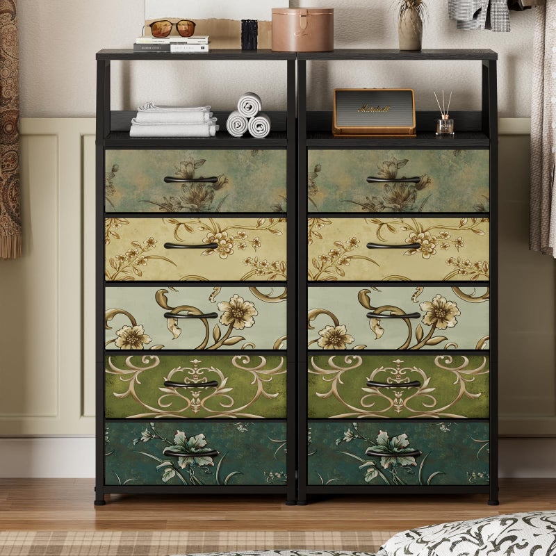 Furnulem Retro 5 Drawers Dresser, Tall Dressers for Bedroom, Closet, Hallway, Nursery, Fabric Storage Tower Organizer, Vertical Nightstand Side Table Furniture, Steel Frame, Wood Top - Image 3