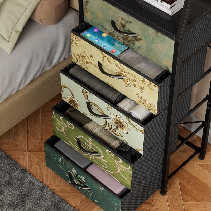 Furnulem Retro 5 Drawers Dresser, Tall Dressers for Bedroom, Closet, Hallway, Nursery, Fabric Storage Tower Organizer, Vertical Nightstand Side Table Furniture, Steel Frame, Wood Top - Image 4