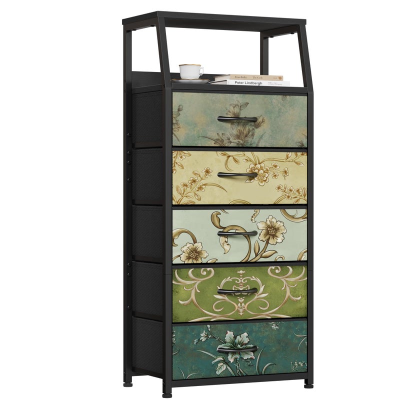 Furnulem Retro 5 Drawers Dresser, Tall Dressers for Bedroom, Closet, Hallway, Nursery, Fabric Storage Tower Organizer, Vertical Nightstand Side Table Furniture, Steel Frame, Wood Top - Image 1