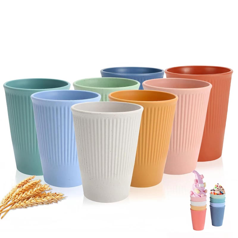 WANBY Wheat Straw Cup 8 Pcs Unbreakable and Reusable Drinking Cups Eco-Friendly Healthy Tumbler Set for Milk Juice and Water Dishwasher Safe (8 Pcs 12 Oz) - Image 1