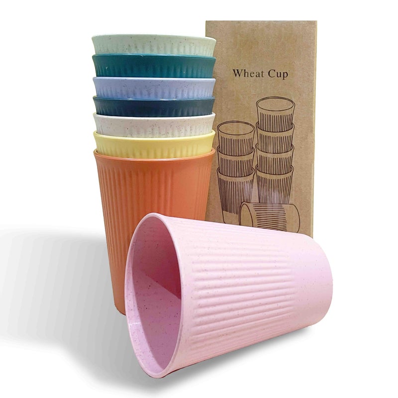 WANBY Wheat Straw Cup 8 Pcs Unbreakable and Reusable Drinking Cups Eco-Friendly Healthy Tumbler Set for Milk Juice and Water Dishwasher Safe (8 Pcs 12 Oz) - Image 2