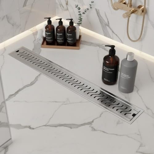 Specule Wave, 18x4 Inch Shower Drain Channel with Side Hole | 304 Stainless Steel Floor Drain Jali with Collar | Durable Linear Water Drain for Bathroom, Balcony & Wet Areas - Image 1