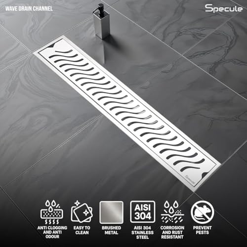 Specule Wave, 18x4 Inch Shower Drain Channel with Side Hole | 304 Stainless Steel Floor Drain Jali with Collar | Durable Linear Water Drain for Bathroom, Balcony & Wet Areas - Image 2