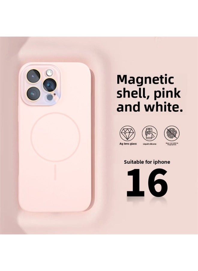 Suitable For IPhone16Pro Liquid Silicone Magnetic Mobile Phone Case Apple 15 Full Coverage Lens 143 Drop-proof Protective Case-Color:Pink-Applicable Model:iPhone15ProMax