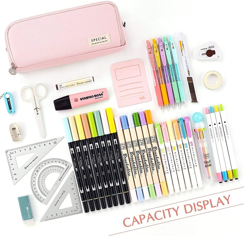 ketmart Large Capacity Pencil Case Organizer Pen Marker Holder Double Zipper Storage Bag Big Pencil Pouch for College School Office Teen Girl Boy Women Men Adult (Color_Pink) - Image 3