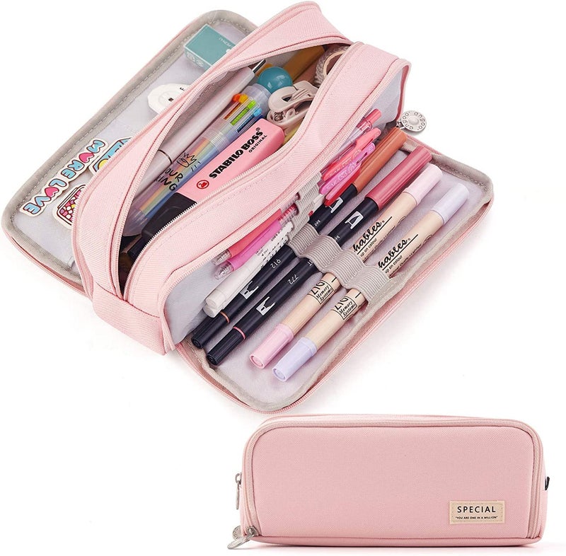 ketmart Large Capacity Pencil Case Organizer Pen Marker Holder Double Zipper Storage Bag Big Pencil Pouch for College School Office Teen Girl Boy Women Men Adult (Color_Pink) - Image 2